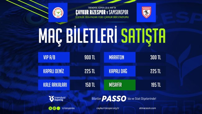 SÜPER LİG’DE ÇAYKUR RİZESPOR – SAMSUNSPOR MAÇI İÇİN BİLET SATIŞLARI BAŞLADI