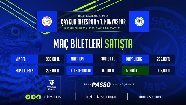 Çaykur Rizespor-Tümosan Konyaspor Maçı Biletleri Satışta