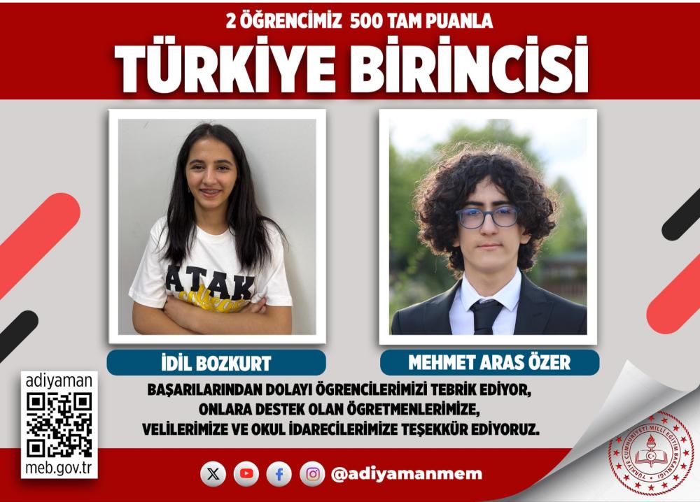 ADIYAMAN LGS’DE ZİRVEDE: İKİ TÜRKİYE BİRİNCİSİ!